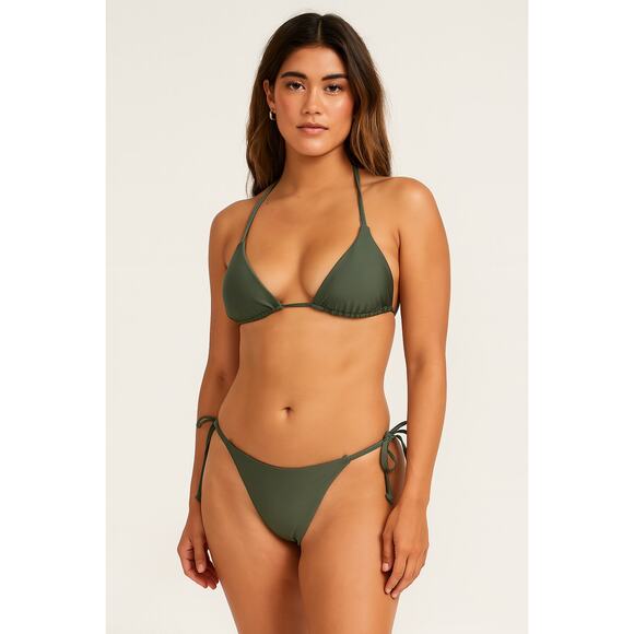 Women's Bikini 3 Pc Set Size S‎ Olive Green Triangle Top Tie Side Y2K Minimalist - Picture 1 of 3
